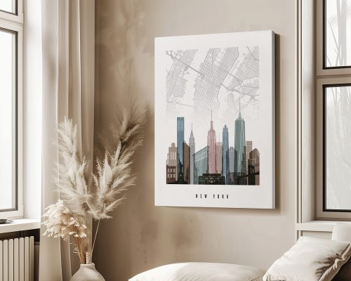 Map of New York City with a stylized skyline illustration and labeled 'NEW YORK'.