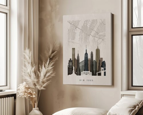 Map of New York City featuring prominent buildings and streets in a minimalist design.