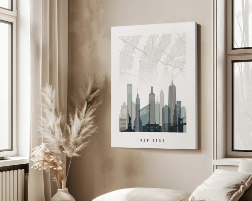 Map of New York City featuring prominent buildings and streets in a detailed design.
