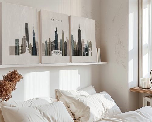 Artistic representation of the New York City skyline on three canvas panels.