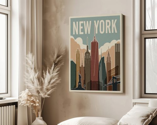 Vintage-style artwork featuring the skyline of New York City with the Empire State Building and Statue of Liberty.
