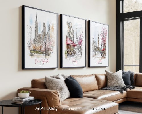 Framed prints of cityscapes featuring New York, Paris, and London displayed on a wall.