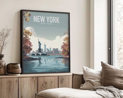 Art print of New York City featuring the Statue of Liberty and skyline in a serene setting.