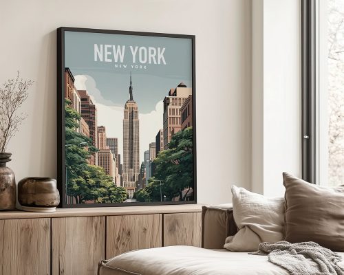 Illustration of the Empire State Building with trees and buildings in a New York City street scene.