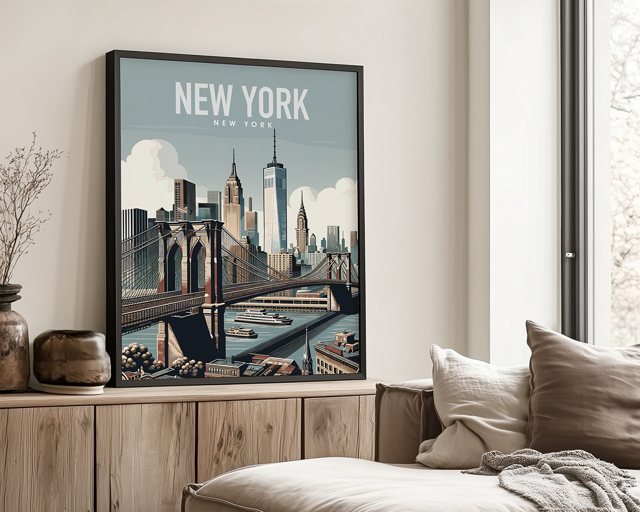 Illustration of New York City featuring the Brooklyn Bridge and skyline with notable buildings.