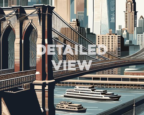 Illustration of the Brooklyn Bridge with boats on the water and city skyline in the background.