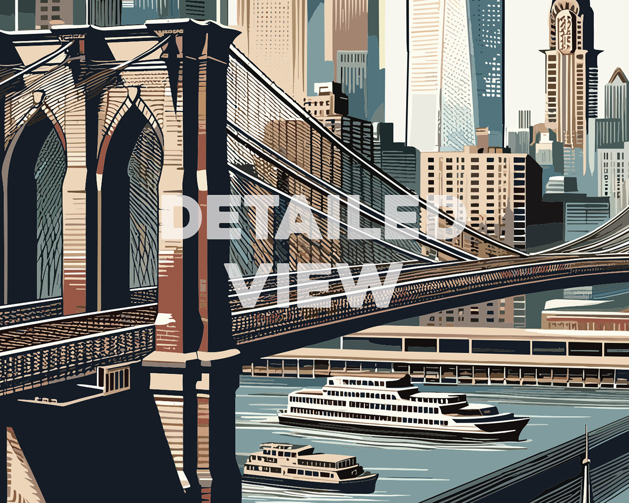 Illustration of the Brooklyn Bridge with boats on the water and city skyline in the background.