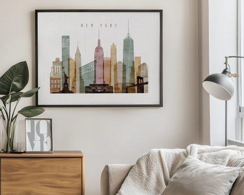 Framed artwork depicting the New York City skyline with various iconic buildings.