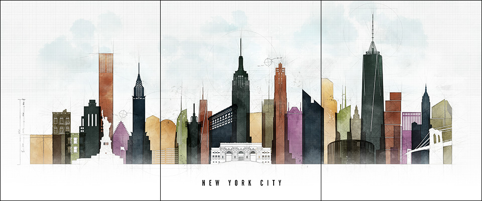 Artistic depiction of the New York City skyline featuring various iconic buildings and structures.