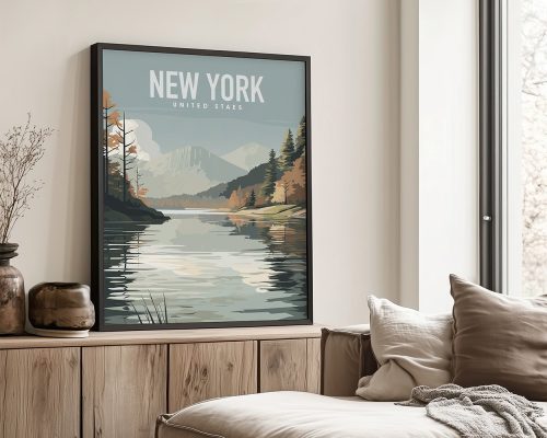 Framed art print featuring a landscape of New York with mountains and water reflections.