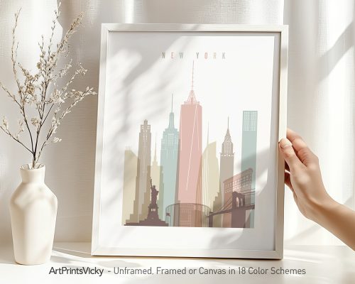 Art print of the New York City skyline featuring iconic buildings in pastel colors.