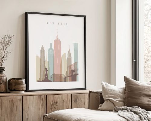 Art print featuring a stylized skyline of New York City with notable buildings and landmarks.