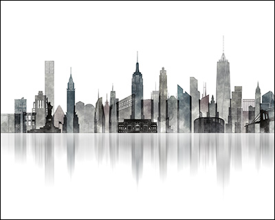 Illustration of the New York City skyline with various iconic buildings and a reflective surface.