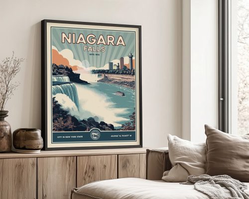 Retro-style poster of Niagara Falls featuring a boat and city skyline in the background.