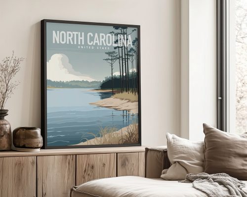 Art print featuring a landscape of North Carolina with trees and water under a cloudy sky.