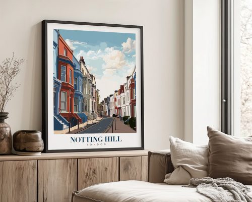 Framed art print of a street scene in Notting Hill, London, featuring colorful houses and a blue sky.