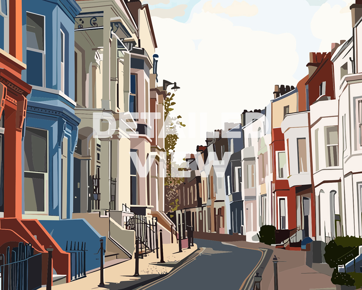 Illustration of a street in Notting Hill featuring colorful houses and a tree.