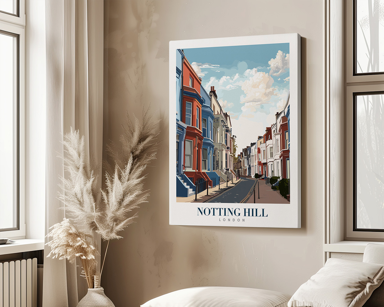 Illustration of colorful houses on a street in Notting Hill, London, with a blue sky and clouds.