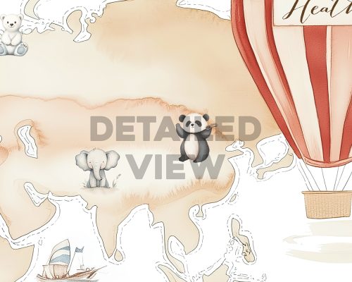 Illustration featuring a panda, elephant, and hot air balloon on a map background.
