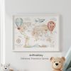 Illustration of a world map featuring hot air balloons, an airplane, and various landmarks.