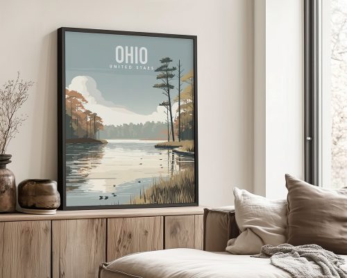 Art print featuring a serene landscape of Ohio with trees and water in a framed display.