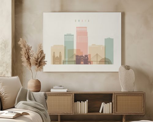 Stylized illustration of Omaha skyline with pastel colors and prominent buildings.