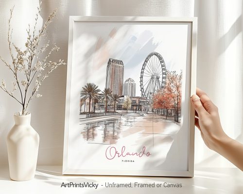 Illustration of Orlando, Florida featuring buildings and a Ferris wheel in a framed design.