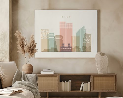 Art print featuring a stylized cityscape of Oslo with pastel colors and geometric shapes.