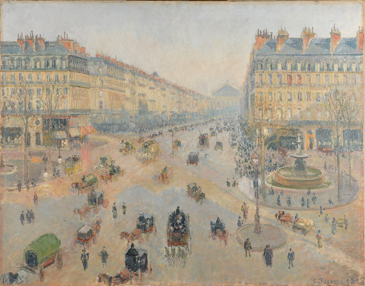 Impressionist painting of Avenue de l'Opéra in Paris with carriages and pedestrians.