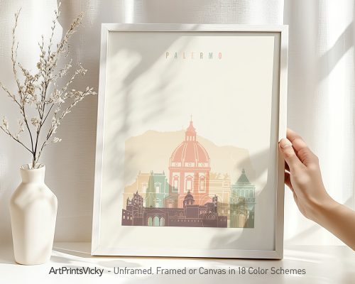 Framed artwork print of Palermo featuring architectural elements in soft colors.