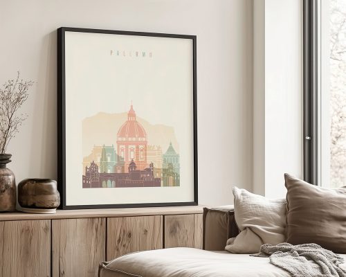 Framed artwork depicting the skyline of Palermo with notable architectural features.