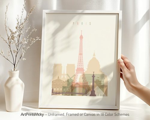 Art print featuring a stylized illustration of Paris with the Eiffel Tower and notable buildings.