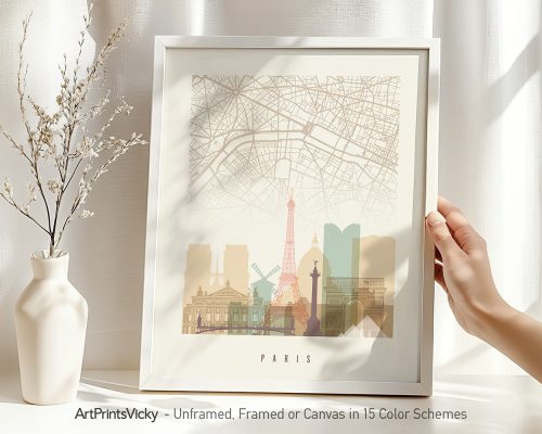 Art print of a map of Paris featuring the Eiffel Tower and other landmarks in a minimalist design.