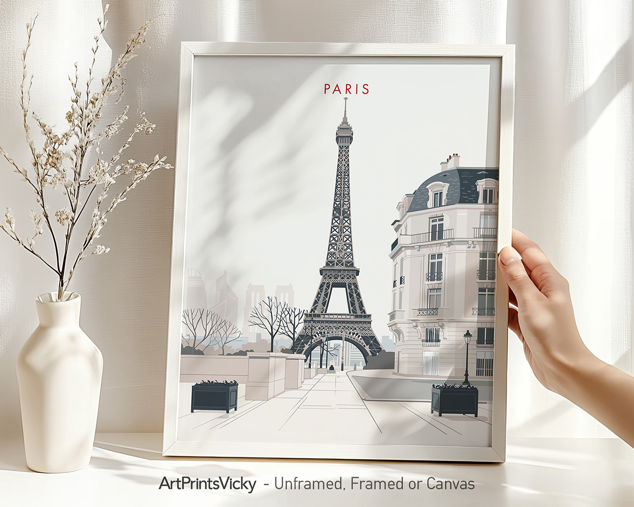 Minimalist artwork of the Eiffel Tower in Paris with a light color palette and architectural elements.