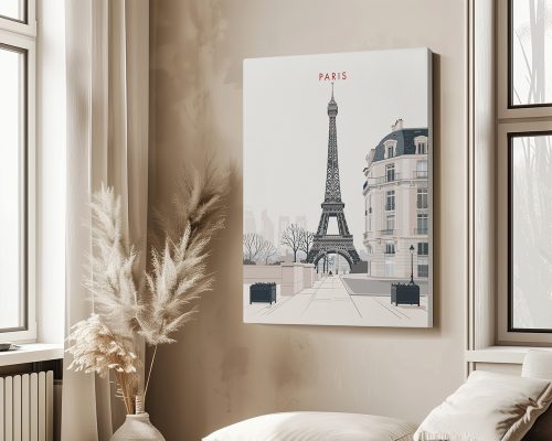 Minimalist illustration of the Eiffel Tower with a beige and gray color palette and the word 'PARIS' above it.
