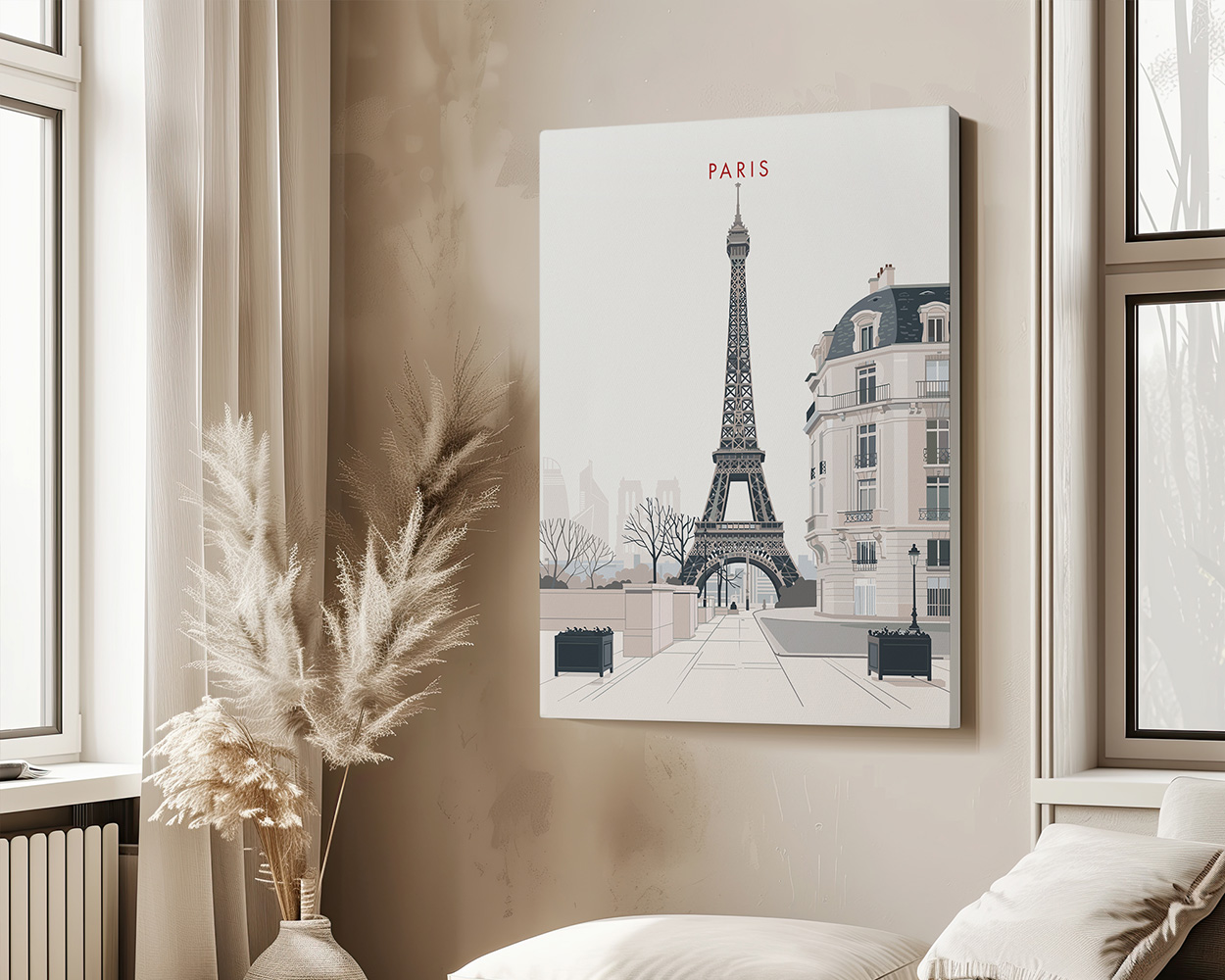 Minimalist illustration of the Eiffel Tower with a beige and gray color palette and the word 'PARIS' above it.