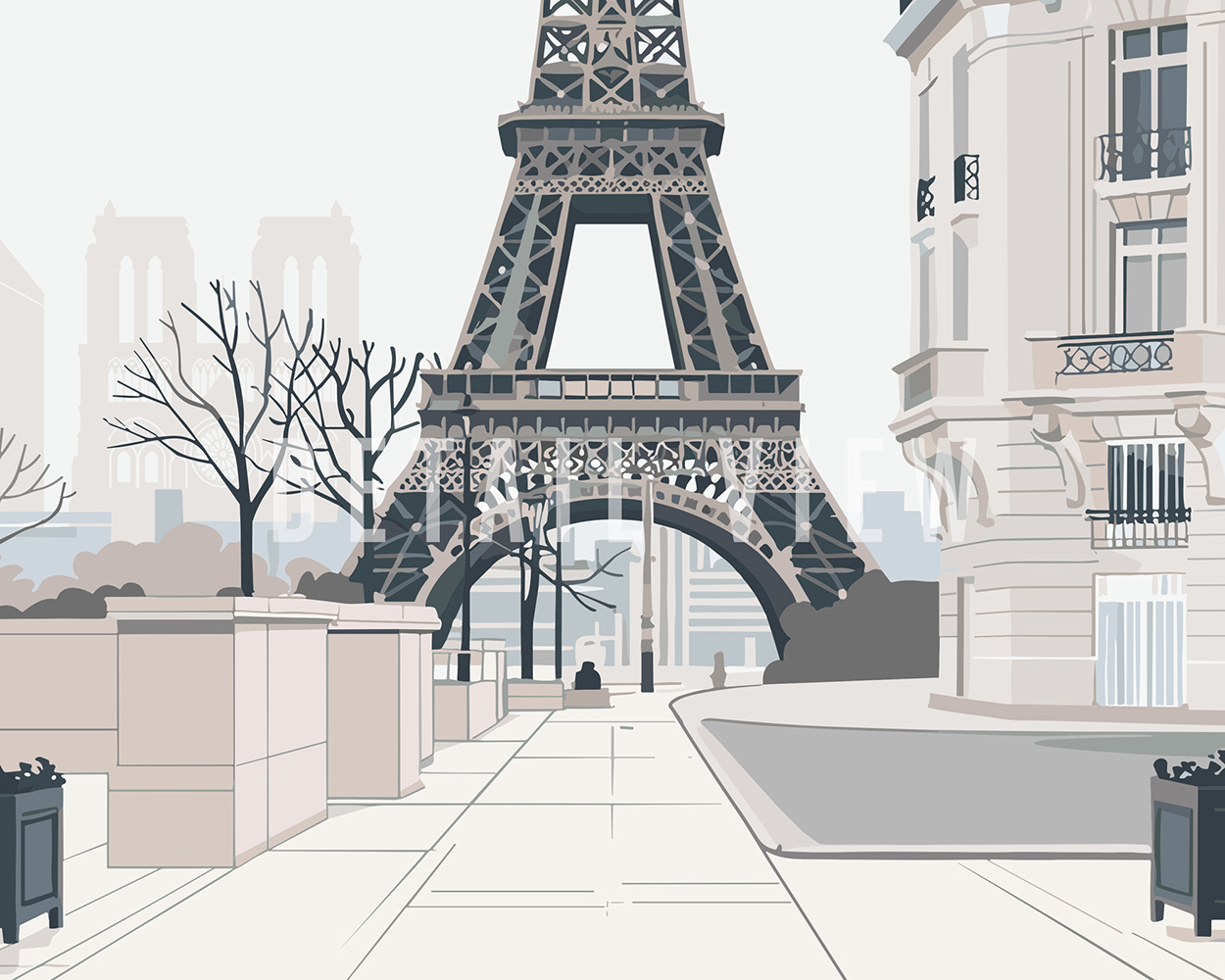 Minimalist illustration of the Eiffel Tower with surrounding buildings and trees in a muted color palette.