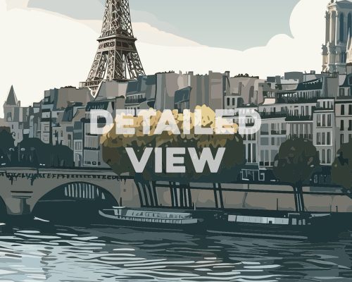 Illustration featuring the Eiffel Tower and buildings along the Seine River in Paris.