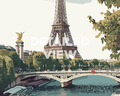 Illustration of the Eiffel Tower with the Seine River and a bridge in the foreground.