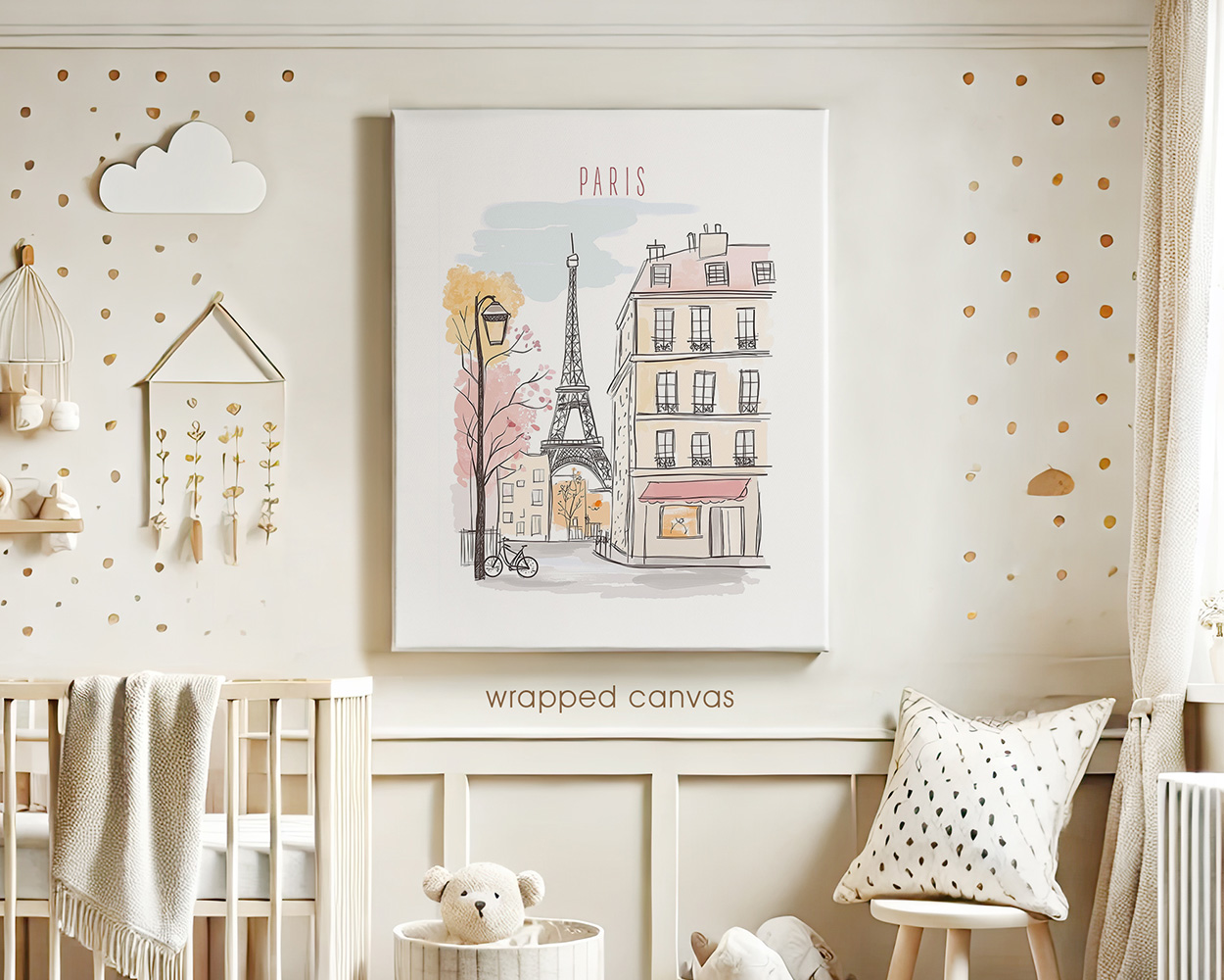 Art print featuring a sketch of Paris with the Eiffel Tower and a building, displayed in a nursery setting.