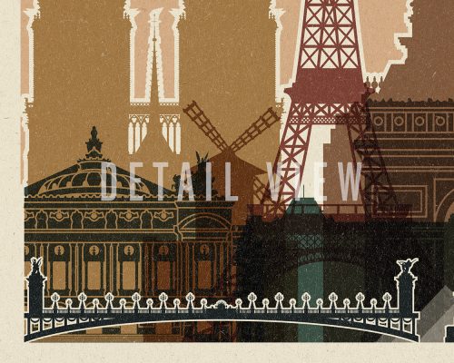 Illustration featuring the Eiffel Tower, a windmill, and a bridge in a vintage style.