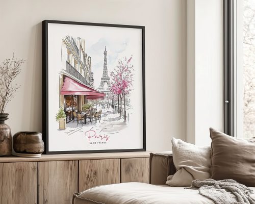 Illustration of a Paris street scene featuring the Eiffel Tower and pink trees.