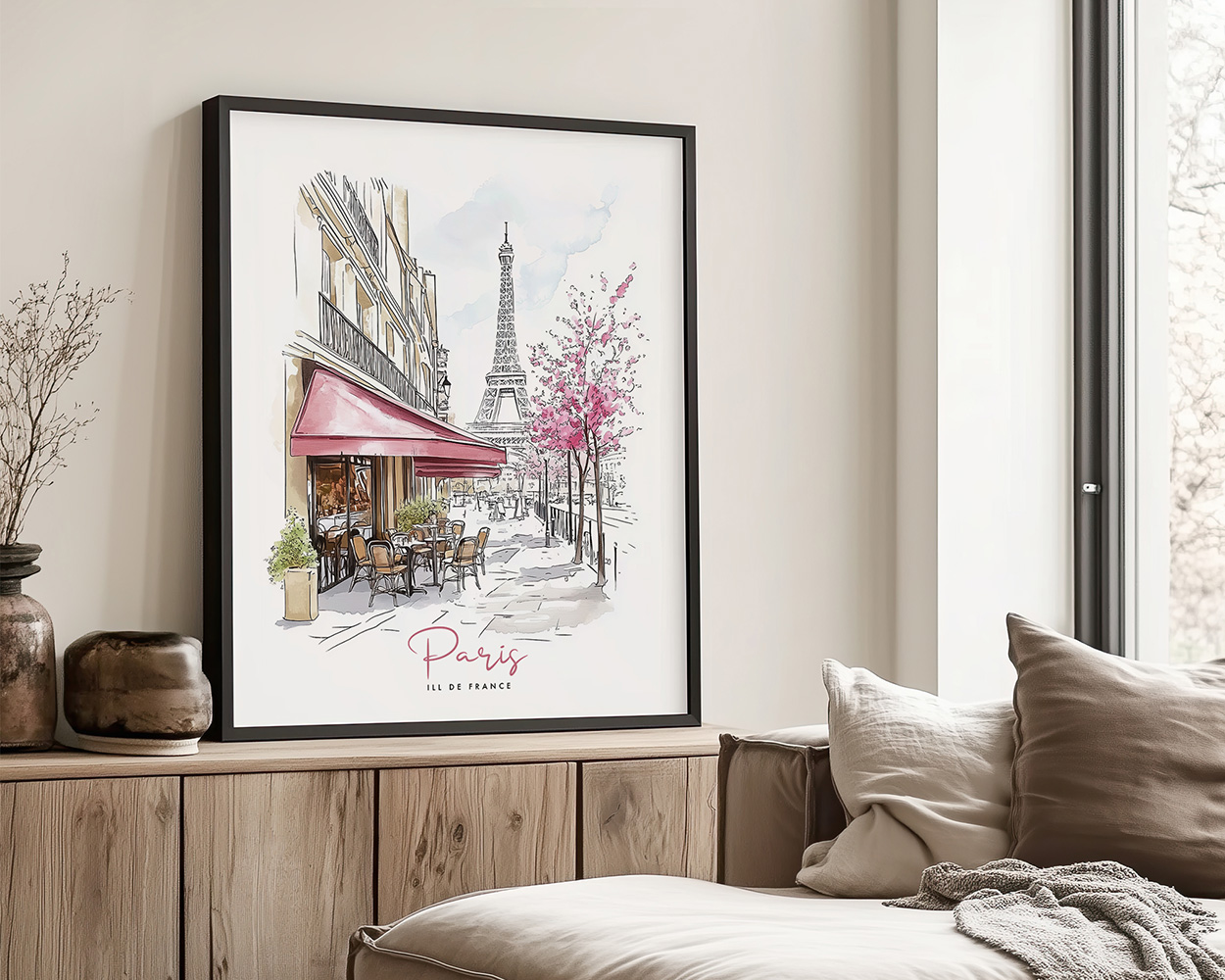 Illustration of a Paris street scene featuring the Eiffel Tower and pink trees.