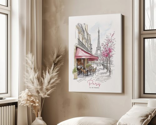 Illustration of a Paris street scene featuring the Eiffel Tower and a café with outdoor seating.