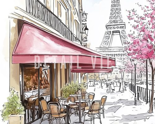 Illustration of a Parisian café with outdoor seating and the Eiffel Tower in the background.