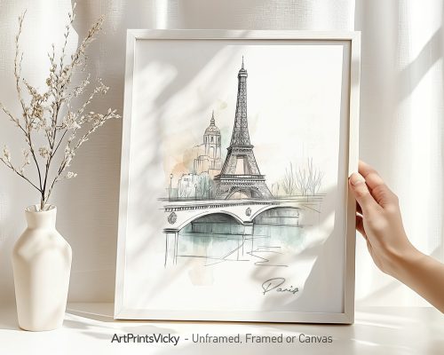 Illustration of the Eiffel Tower and a bridge in Paris, framed and displayed with a vase.