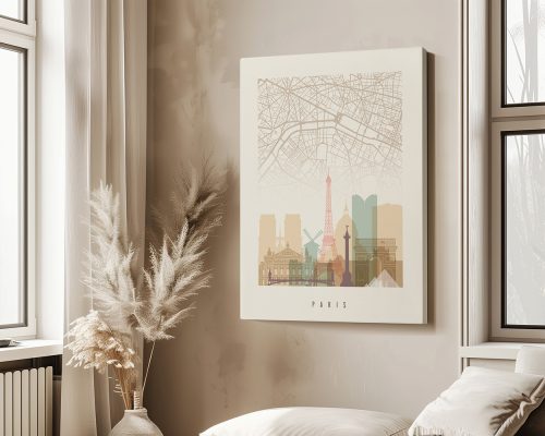 Artistic map of Paris featuring the Eiffel Tower and other landmarks in a minimalist design.