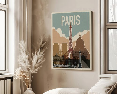Vintage artwork depicting the Eiffel Tower and other Paris landmarks with a retro color palette.