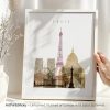 Art print featuring a cityscape of Paris with iconic landmarks like the Eiffel Tower and Sacré-Cœur.