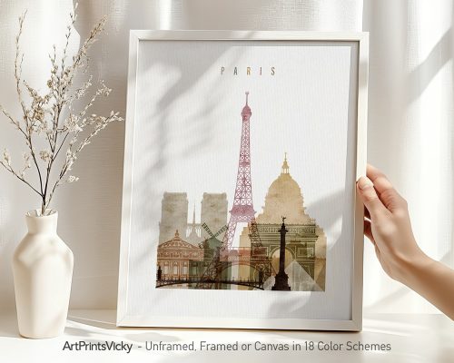 Art print featuring a cityscape of Paris with iconic landmarks like the Eiffel Tower and Sacré-Cœur.